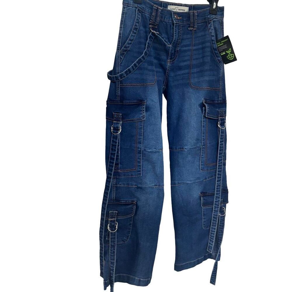 ECO FRIENDLY STRAPPY CARGO JEANS PANTS LOVE TREND Y2K‎ NWT 27-30" - Picture 3 of 8